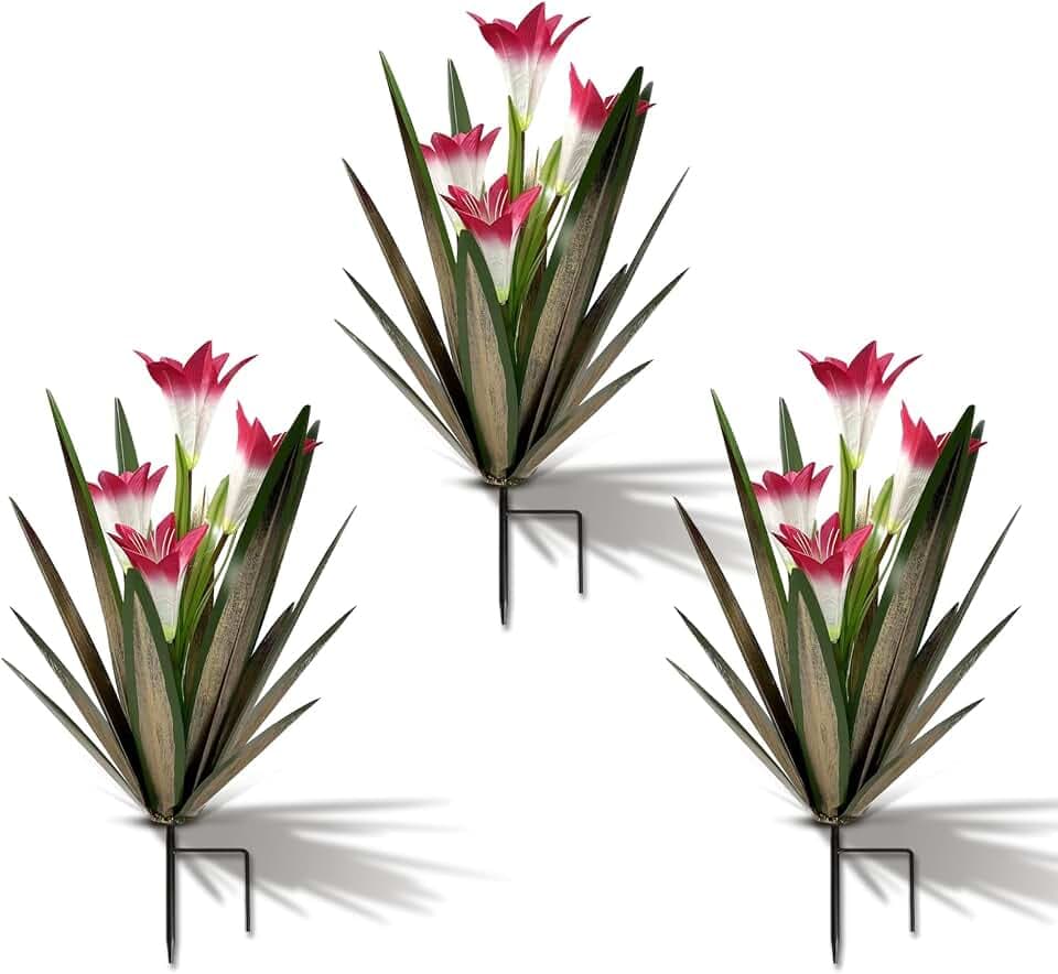 Homight Metal Agave Plant Outdoor Decoration Lily Mexican Yard Art Garden Gift Home Decor Hand Painted Metal Agave Garden Yard Statue, Outdoor Lawn Ornaments(3 Big Red Lilies)