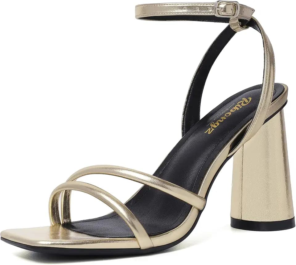 RIBONGZ Block Heels Prom Heeled Sandals for Women Chunky Square Open Toe Strappy High Heels Ankle Strap Wedding Bridal Shoes High Heel Sandals for Party Dress