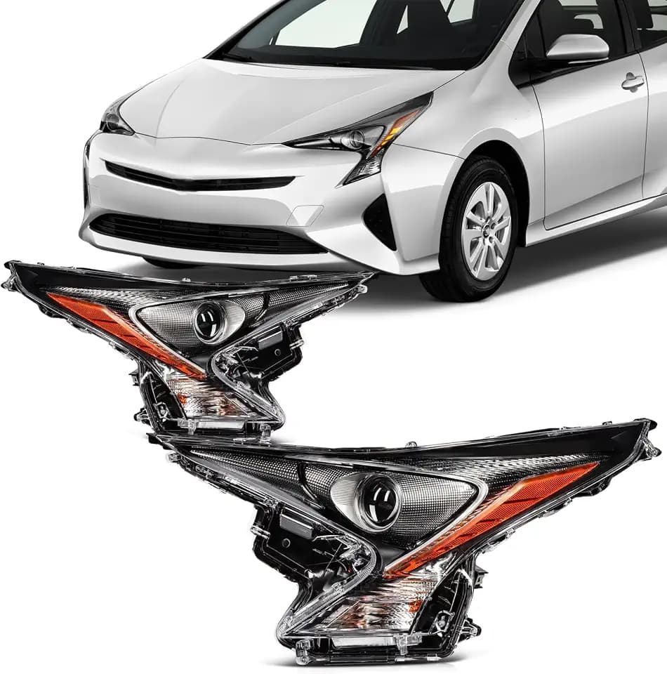 SCITOO Headlight Assembly Fit 2016-2018 for Toyota Prius Black Housing Amber Reflector Pair Headlights 81140-47711