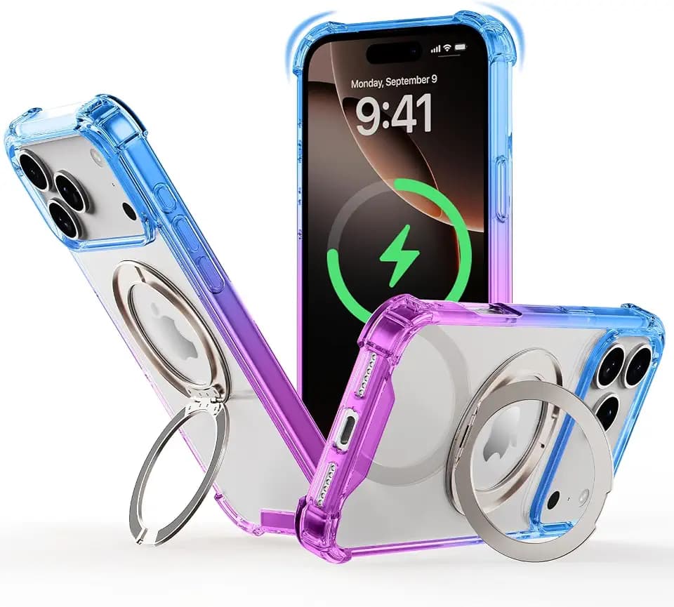 for iPhone 17 Pro Max Case with Magnetic Ring Stand & Kickstand | Military-Grade Clear Shockproof Cover, Compatible with MagSafe, Raised Protection - Blue Purple Gradient