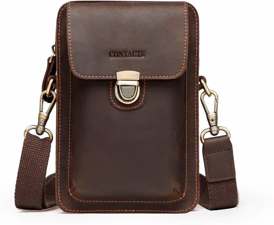 Hiram Genuine Leather Men's Crossbody Phone Bag Hip Bum Pack Pouch Retro Small Shoulder Messenger Purse Waist Belt Bag with Card Slots & Adjustable Strap