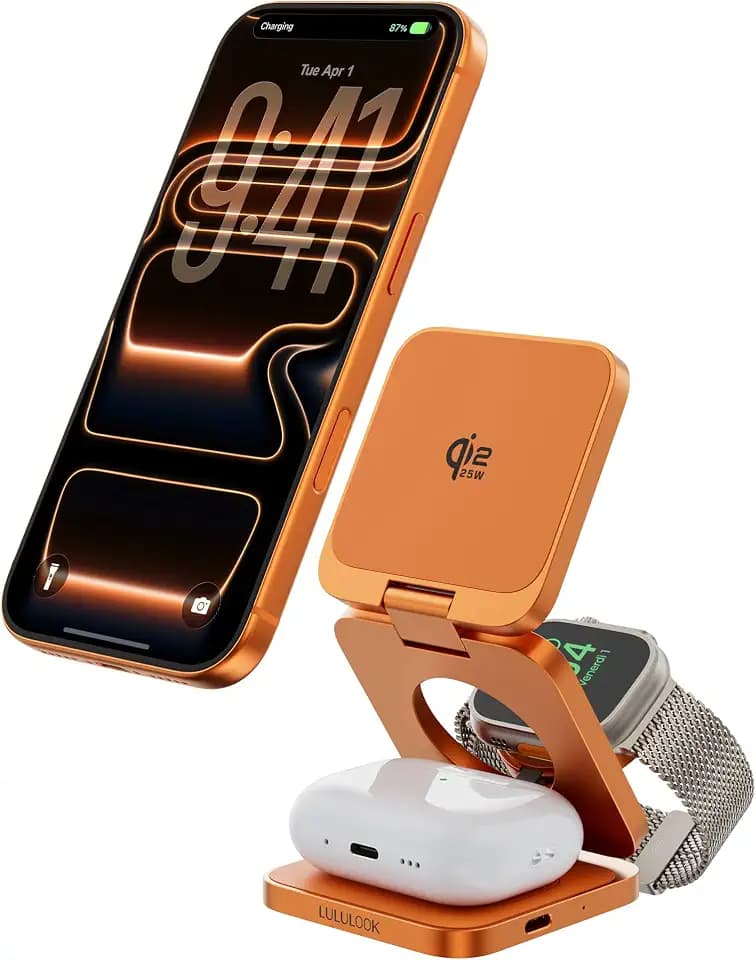 3 in 1 Charging Station for Apple - Qi2.2 25W Magnetic Wireless Charger for iPhone 18/17/16-12, Apple Watch, AirPods, Travel Fast Charging Foldable Stand with 45W GaN Adapter, Aluminum Alloy Design