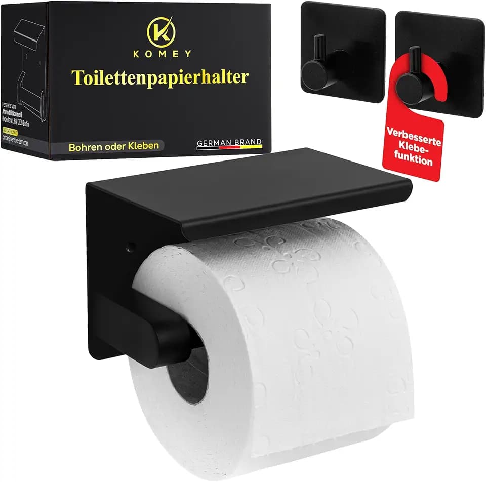 KOMEY Toilettenpapierhalter - Schicker Klopapierhalter ohne Bohren - Moderner Klorollenhalter - Praktischer Toilettenpapierhalter mit Ablage - Edler WC Rollenhalter in Schwarz