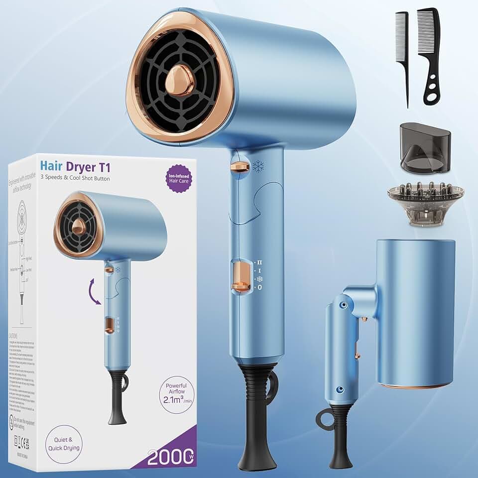 Ionen-Föhn 2000W, klappbarer Haartrockner mit Diffusor, Hair Dryer