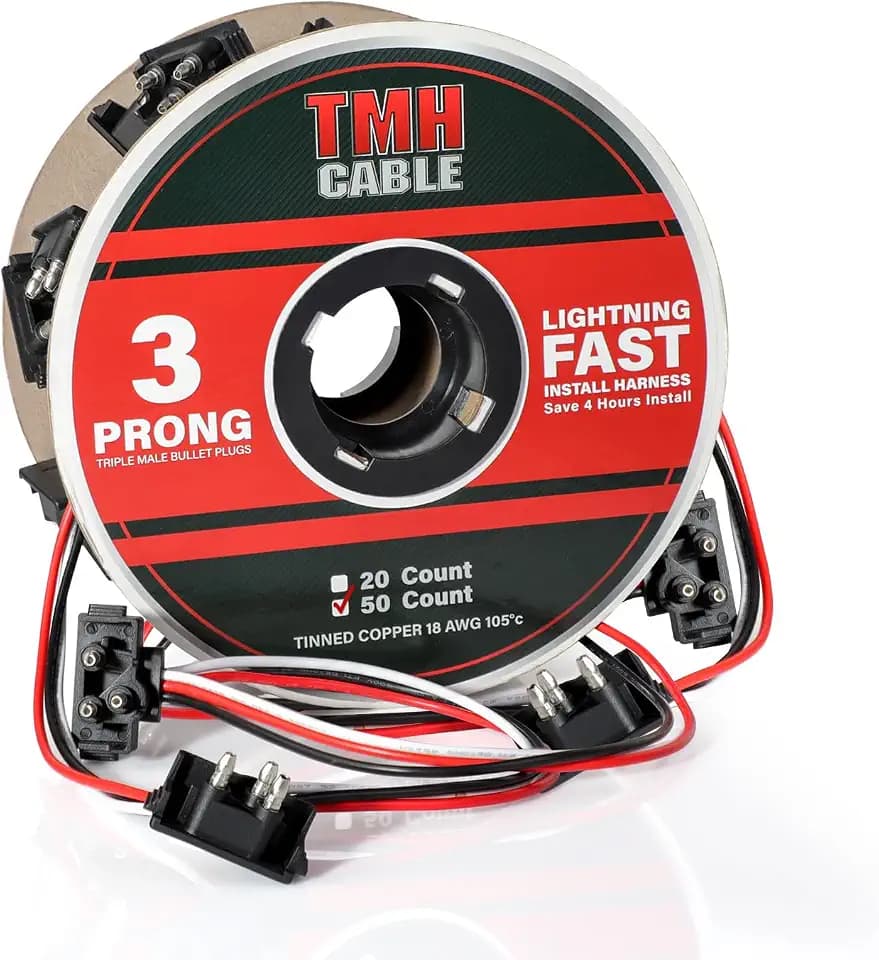 TMH Continuous 3 Prong Right Angle Plug 50 Count 10-inch Lead Spacing Wire Harness Roll 18 Gauge Male Bullet for Tail Light, Truck, Trailer