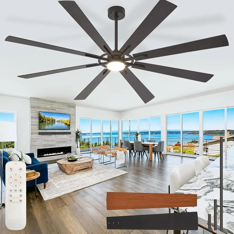 Large Ceiling Fans with Lights: Modern 84 Inch 8 Blade Outdoor Ceiling Fan with Remote Control - Big Fan Light Indoor Reversible 6 Speed Quiet DC Motor - Black
