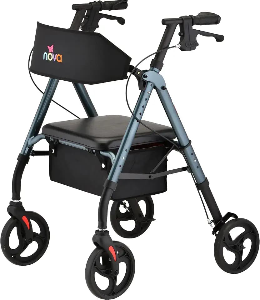 NOVA Star 8 Foldable Rollator Walker for Seniors (5'3"–6'2"), Wide Padded Backrest with Seat, 8” All-Terrain Wheels, Easy-Grip Locking Hand Brakes, Height Adjustable, Blue