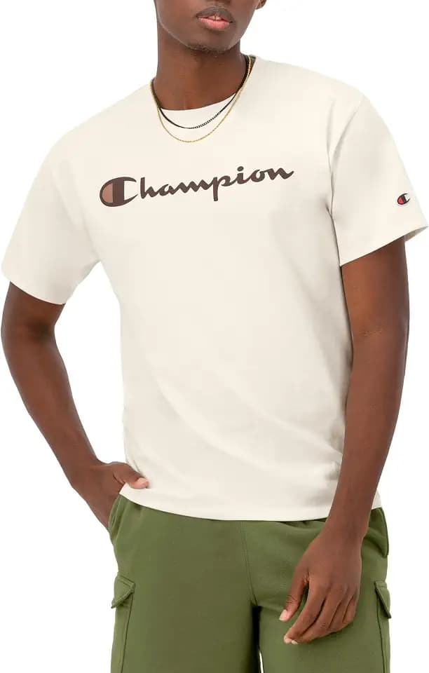 Champion Men's Graphic Short Sleeve T-Shirt, Standard Fit, Classic Script Logo, Midweight 100% Cotton