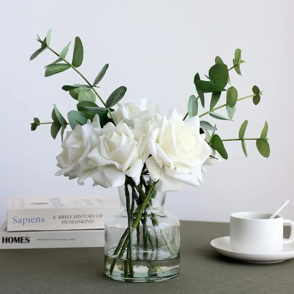 Fake Flowers in Vase, White Artificial Rose Arrangement with Faux Water