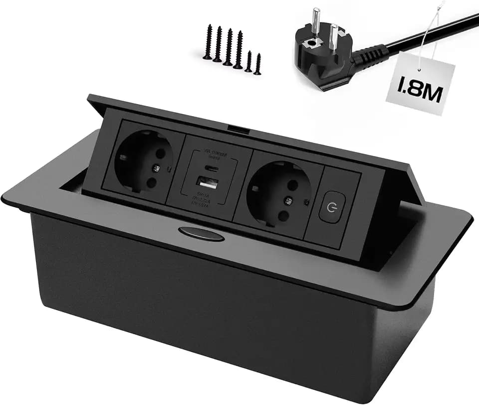 Versenkbare Steckdose PD20W USB-C für Arbeitsplatte, Schwarz | USB-A und Type-C Schnelllade, Mit Schalter, 1,8M Kabel, Pop Up, für Schreibtisch Küchenarbeitsplatte