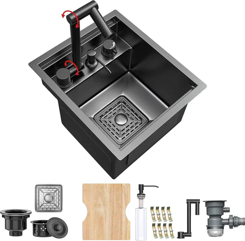YITAHOME RV Kitchen Black Sink 13 x 15 x 9 Inch, Undermount Gunmetal Black Stainless Steel Single Bowl Small Sink with Swivel Spout, Cutting Board, Soap Dispenser