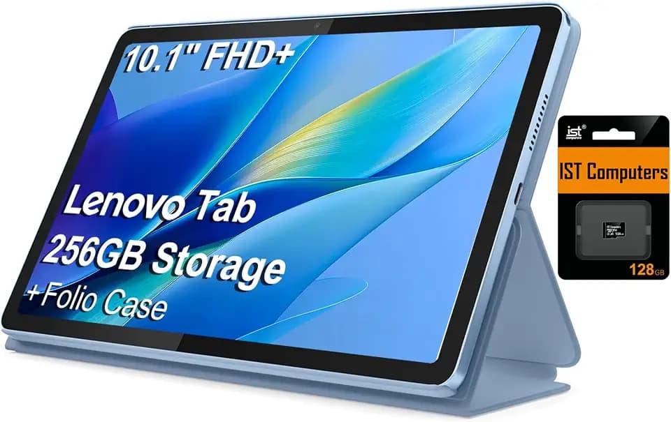 Lenovo Tab M10 10.1" Idea Android Tablet, 128GB eMMC + 128GB SD Card, FHD+ (1920x1200), 8-Core MediaTek, Ultra-Light Design for Kids, Student, Gaming, Long Battery Life, 8MP + 5MP Camera, Folio Case