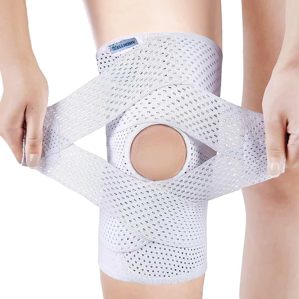 Professionelle Kniestütze,Kniebandage mit Offen Patella Pads & Feder Seitenstabilisatoren,Verstellbare Kniebandage mit v-förmiges Band für ACL Arthritis Verletzungen Wiederherstellung(Weiß,S)