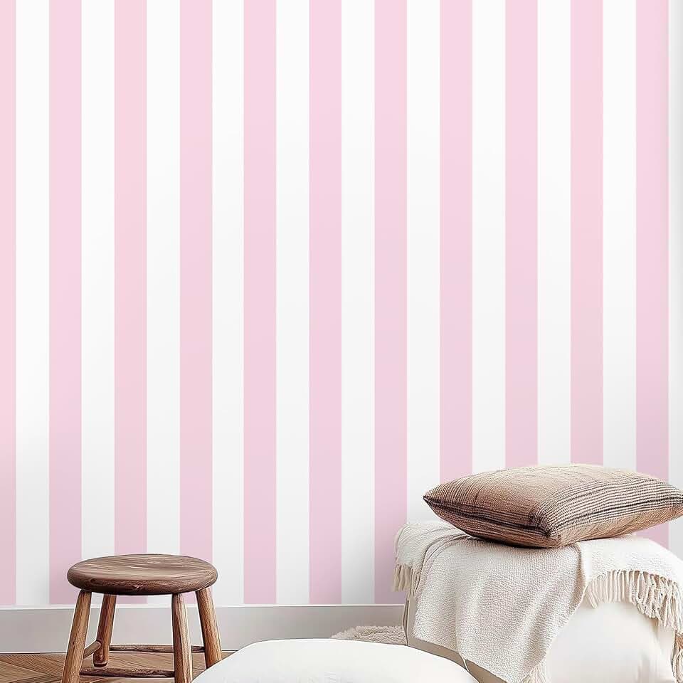 Cohoo Home Pink and White Peel and Stick Wallpaper Striped Cute 17.7"x787"