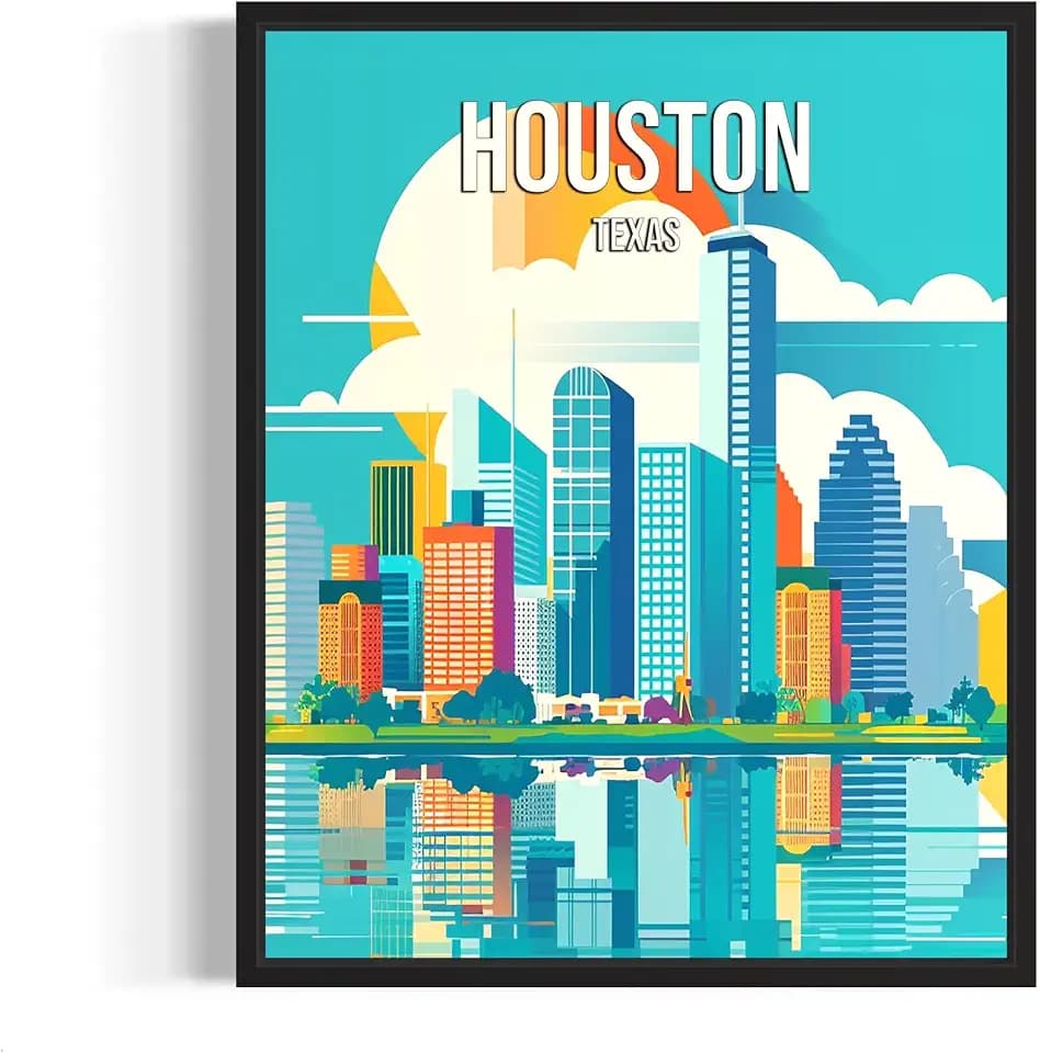Houston Texas City Poster Black Framed Art Print, Skyline Cityscape Wall Art Illustration Posters, Landscape Travel Map Decor Gallery 24B (Houston Texas, 14"L x 11"W, Black Frame)