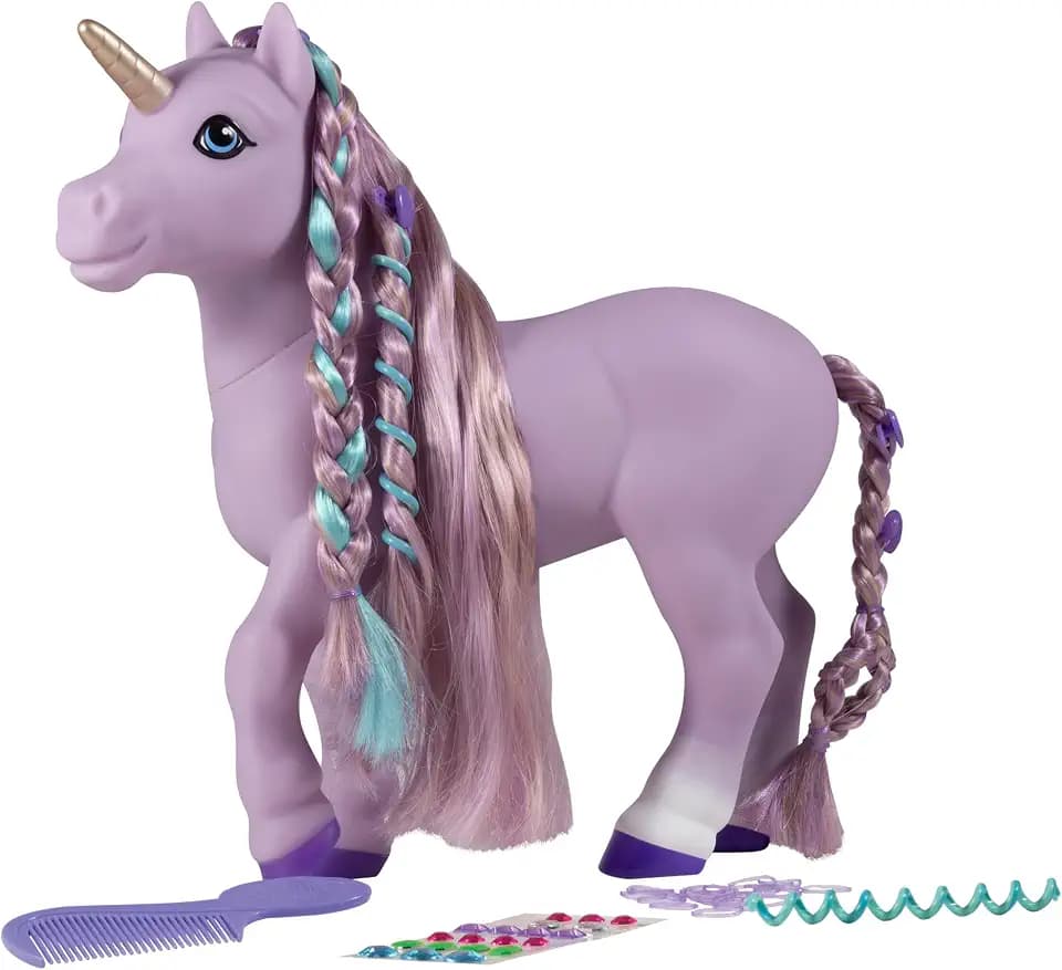 Breyer Horses Mane Beauty Styling Unicorn | Iris | Purple Extra-Long Silky No Tangle Mane | 10" x 3.5" x 10.5" | 7 Accessories, 30 Hair Bands, and 22 Jewels | Unicorn Toy | Model #7416