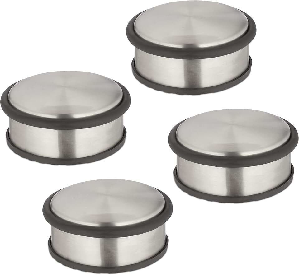 Relaxdays Türstopper 4er Set, HxD 4,5 x 10,5 cm, flach & schwer, rutschfest, Türzuschlagbremse Edelstahl, silber/schwarz