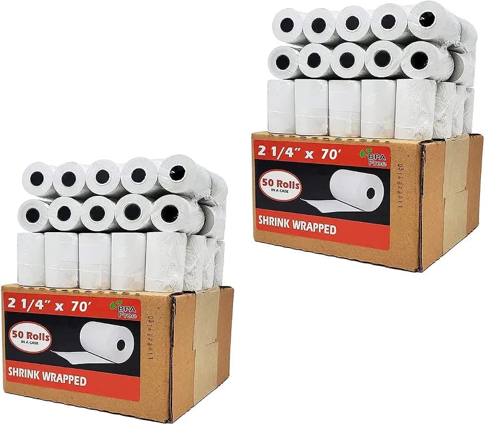 BuyRegisterRolls (100 Rolls) 2 1/4 x 70 Thermal Paper 55 GSM Premium Quality German Paper Large Rolls For Clover Flex Verifone VX520 Ingenico ICT220 ICT250 First Data FD400 BPA Free