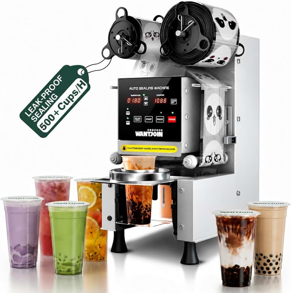 WantJoin Cup Sealer Machine - Full Automatic Cup Sealing Machine for Bubble Milk Tea Coffee Shop, 90/95mm Caliber Electric Boba Sealing Machine Seals 500-600 Cups/H Digital Control Panel Cup Sealer