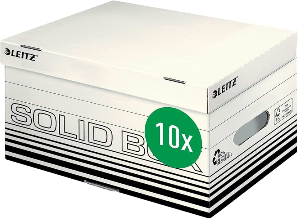 Leitz Solid Box Aufbewahrungs- und Transport-Schachtel, Größe S, Schachtel für A4 Ordner, Zeitschriften und mehr, Transportbox mit Deckel, 100 % geriffelter Recyclingkarton, 10 Stück, Weiß, 61170001