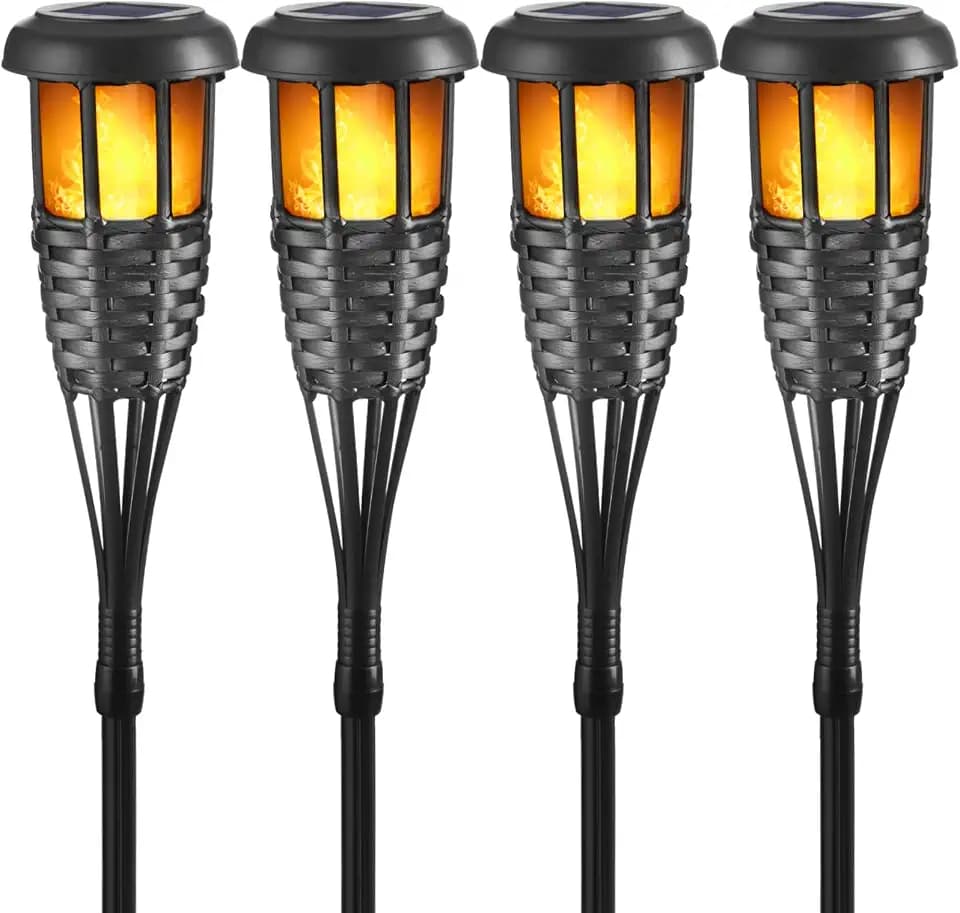 Solarfackel mit flackernder Flamme, wasserdichte Bambusfackeln mit handgeflochtener Rattanoptik für Außenbereich, Terrasse, Garten, Rasen