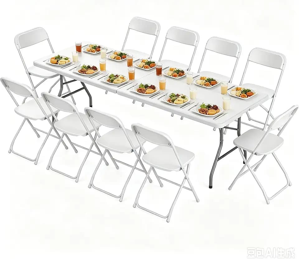 Sweetcrispy 8 FT Folding Picnic Table, with 10 White Folding Chairs