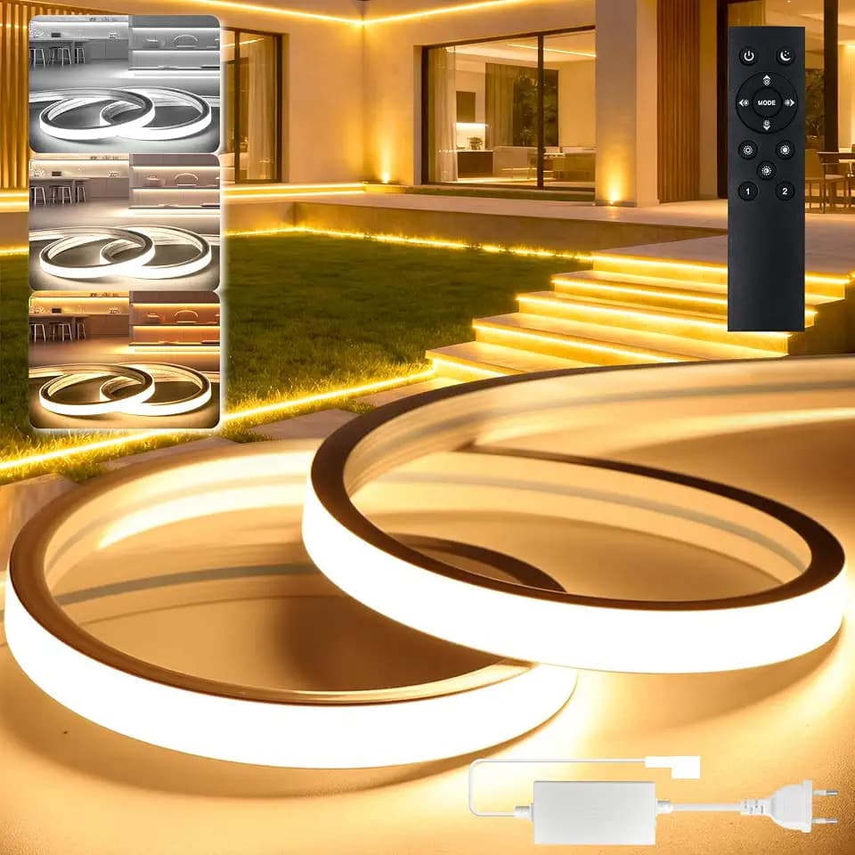 BRIMETI LED Streifen Dimmbar Aussenbereich 230V Neon CCT LED Strip 5M Wasserdicht Lichtleiste IP65 Warmweiss/Neutralweiß/Weiß 120LED/M Silikon Band Schlauch Aussen Outdoor mit Netzteil Fernbedienung