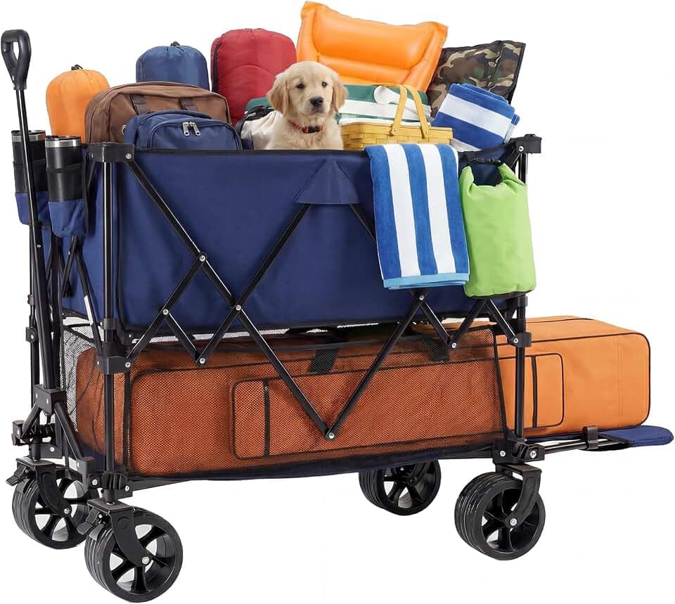 NEWBULIG Double Decker Foldable Wagon Cart Heavy Duty, 440lbs, Blue