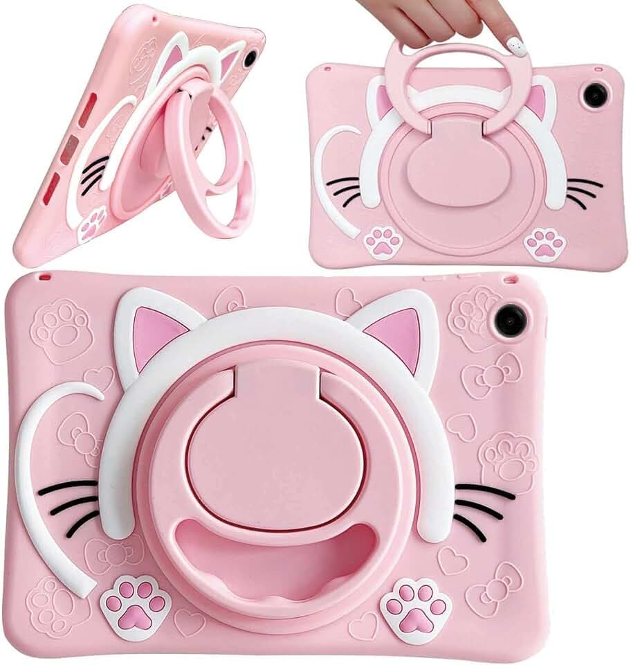 ESSTORE Schutzhülle kompatibel mit Samsung Galaxy Tab A9 Plus 27,9 cm (11 Zoll) 2023, niedliche Katze, Kinder-Hülle mit 360° drehbarem Griff, Ständer, stoßfest, robust, kinderfreundliches Tablet, Rosa