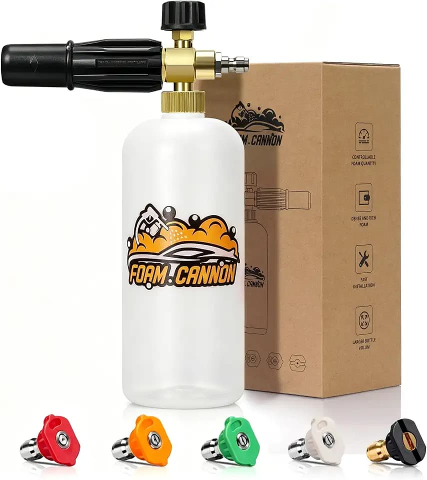 Foam Cannon for Pressure Washer, 1L Bottle Snow Foam Cannon with 5 Pressure Washer Nozzle Tips, 1/4 Inch Quick Connector, Compatible with Gas Pressure Washers&Electric Pressure Washers