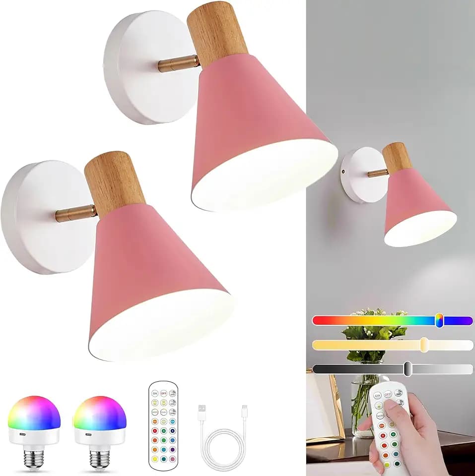 Battery Operated Wall Sconces Lighting Set of 2, Adjustable Wireless Wall Lamp, Cordless Wall Lighting with Remote and Dimmable Rechargeable Bulbs for Bedroom Living Room (Pink)