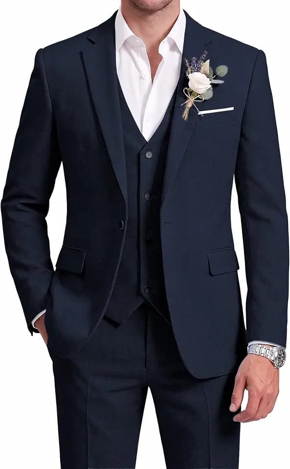 WULFUL Men's Linen Suit 3 Piece Slim Fit Suits for Men One Button Prom Wedding Party Tuxedo Suit Set Blazer Jacket Pants