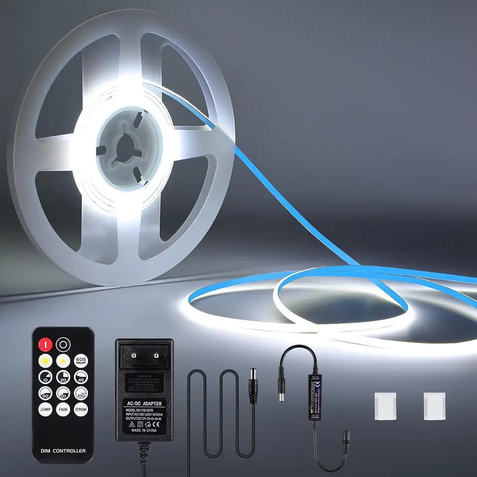 COB LED Strip 6000 K White Light, 2 m 768 LEDs Dimmable 3 mm Wide COB LED Strip, 12 V DC Flexible Light Strip with Power Supply and RF Remote Control for Living Room Bedroom Kitchen DIY