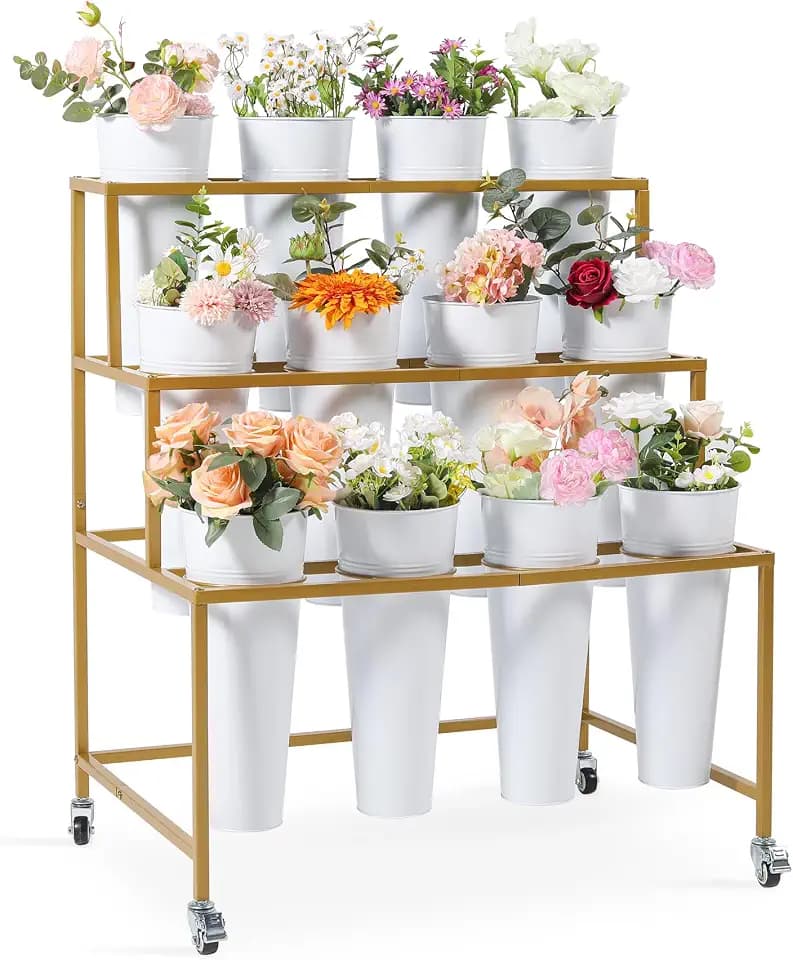 Flower Bar Stand, 3 Layers Metal Flower Cart, Golden Flower Display Stand