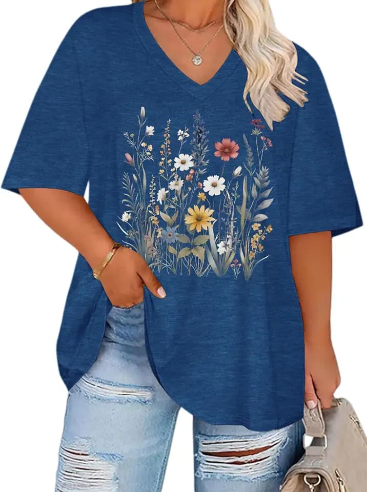 Womens Plus Size Oversized Tshirts Graphic V Neck Short Sleeve Summer Tops