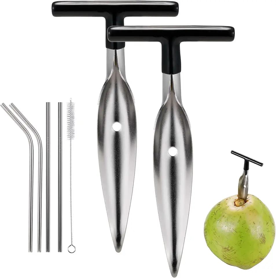 2 Pack Coconut Opener Tool Set with 4 Reusable Straws & Brush