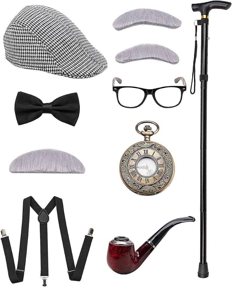 20er Jahre Kostüm Herren Accessoires Mafia Kostüm Herren Gatsby Accessoires Alter Mann Kostüm Set mit Hut, Verstellbar Elastisch Hosenträger, Taschenuhr, Fliege, Bärte, Brille, Krücken