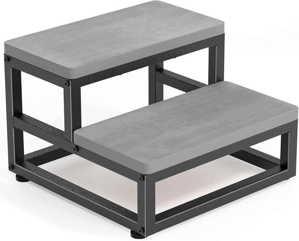 Tritthocker 2 Stufen für Erwachsene Kinder, Anti-Rutsch Wasserfest HDPE Holztritt mit 230kg Tragkraft, Verstellbare Füße & Abgerundete Ecken, Fußbank für Küche/Bad/Schlafzimmer