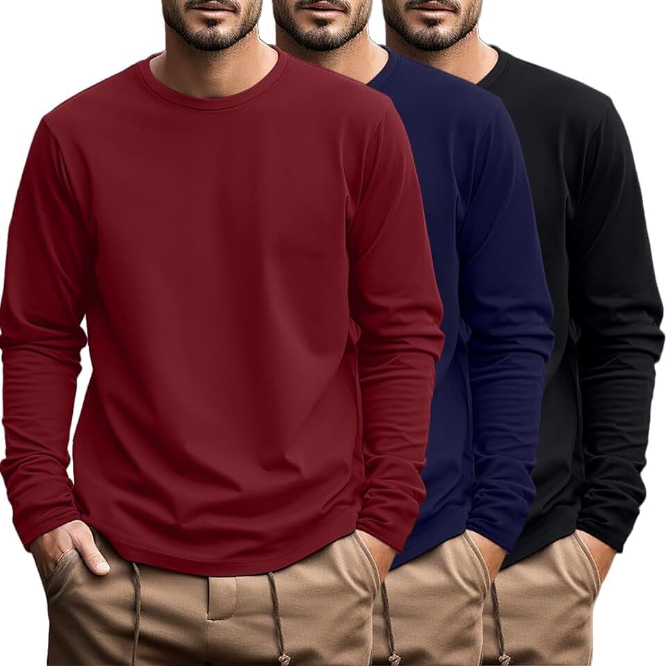 Ficerd 3er-Pack Herren-Shirts in großen und Langen Größen, langärmelig, Baumwoll-T-Shirt, Rundhalsausschnitt, Übergröße