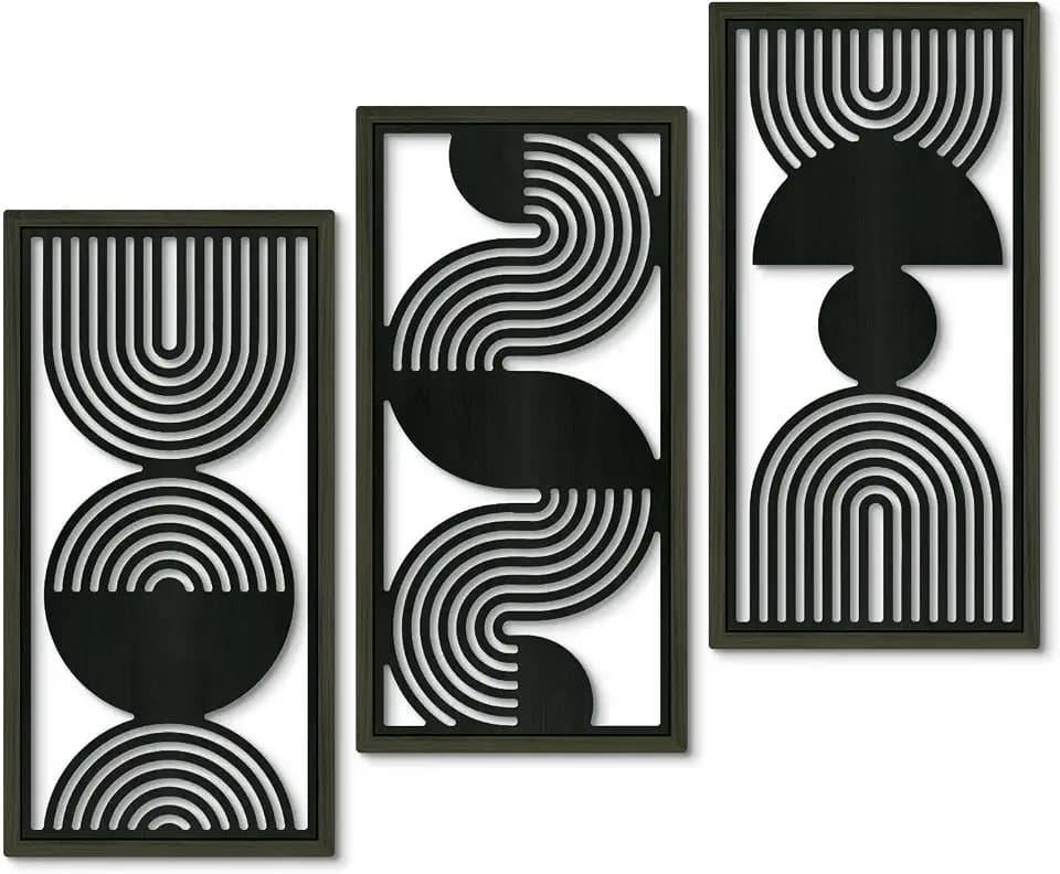 Putuo Decor 3er Set Wandbilder abstrakt Schwarz Weiß, gerahmte Wanddeko minimal modern für Wohnzimmer Schlafzimmer Flur Büro, geometrische Linienbogen Kunst
