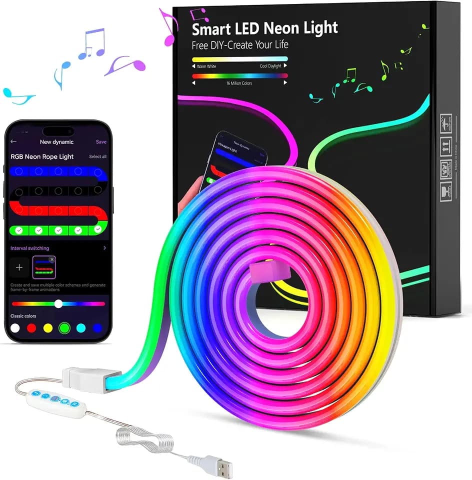 1m Neon LED Strip, RGB LED Band Neon Seil Lampe, 5V Flexible Neon LED Streifen mit App-Steuerung, DIY-Formen, Musik Sync, LED Lichtband für Wohnzimmer, Schlafzimmer, Wand, Gaming Deko