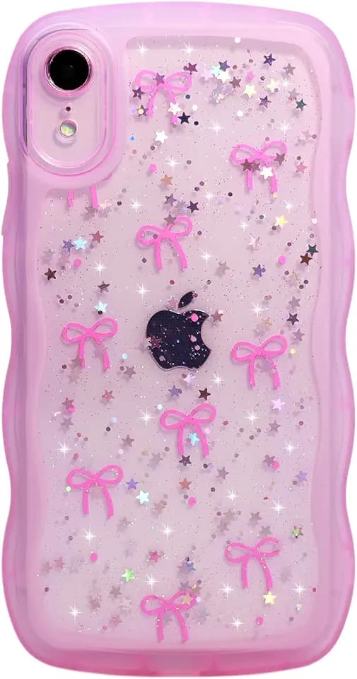Qokey for iPhone XR Case, Glitter Star & Curved Edge Handle Grip Design, Military-Grade Shockproof Clear TPU Cover, Sparkle Protection Scratch-Resistant, Holographic Rose Pink Bow