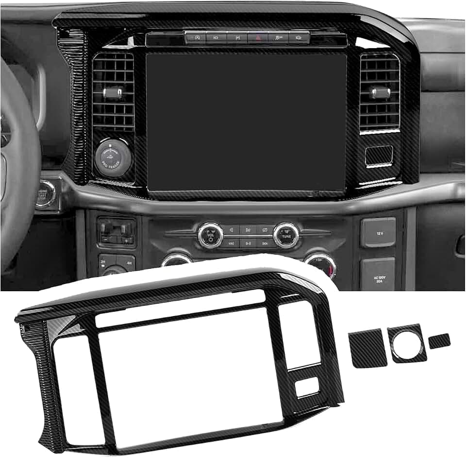 RT-TCZ Center Console Navigation GPS Panel Cover Trim Decoration Interior Accessories for Ford F150 Raptor 2024 2025 (Black Carbon Fiber)