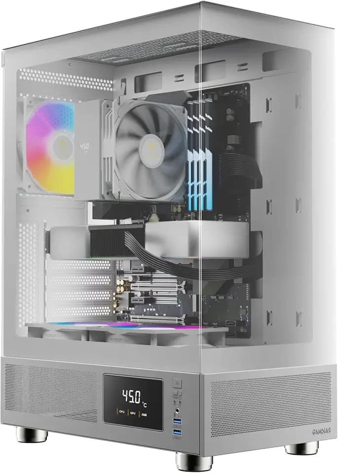 GAMDIAS White ATX Mid Tower Computer Case with Tempered Glass, Gaming PC Case w/Temperature Display & 3X 120mm ARGB Fans, Support Up to 5X Fans, 240mm AIO/Radiator, 340mm GPU/VGA, 160mm CPU Cooler
