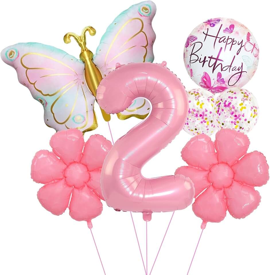 Pink Butterfly Birthday Balloons Set for 2st Birthday Girl – Pink Foil Number 2,Daisy Balloons,Butterfly Balloon Arch Kit, Party Decorations, Photo Backdrop (Number 2)