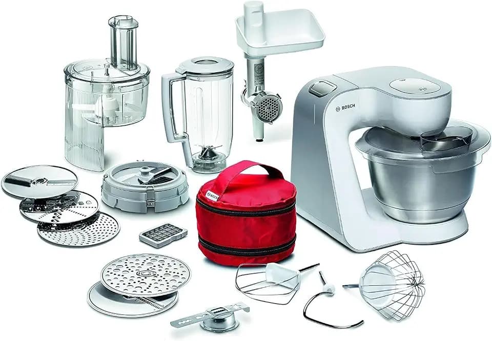 Bosch Küchenmaschine Serie 4 MUM54270DE, Edelstahlschüssel 3,9 L, Mixer 1,25 L, Würfelschneider, Fleischwolf, Planetenrührwerk, Knethaken, Schlag-, Rührbesen, 7 Stufen, 900 W, Weiß/Silber