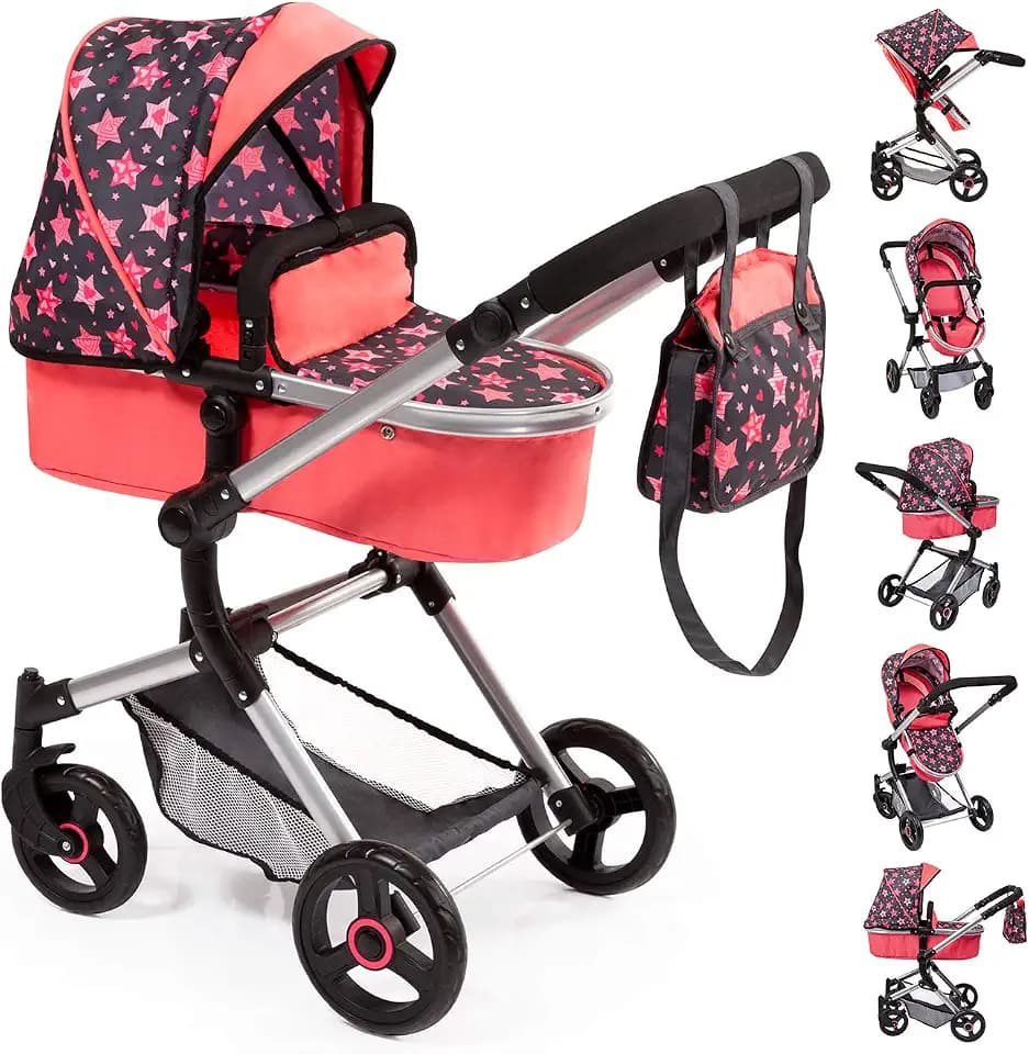 Bayer Design Puppenwagen Neo Vario, mit Tasche, zusammenklappbar | wandelbar als Puppenjogger, verstellbarer Griff, schwenkbare Vorderräder, integrierter Korb