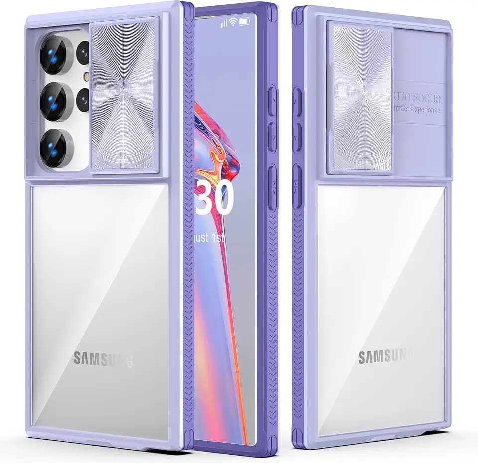 Entworfen für Samsung Galaxy S24 Ultra Case mit Slide Kamera-Cover, transparent, Slim Fit Stoßfest, Kameraschutz, Handyhülle für S24 Ultra 5G 6,8 Zoll 2024 (Clear Purple)