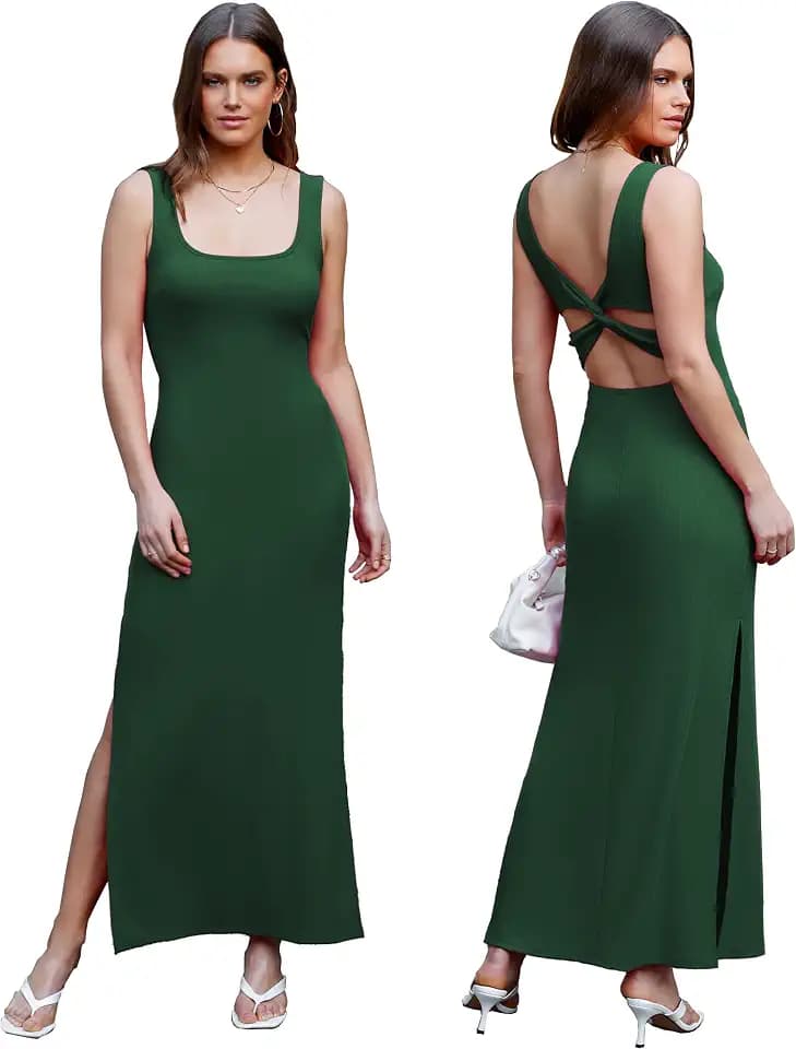 Women Backless Bodycon Maxi Dress High Side Slit Twist Back Tank Dress