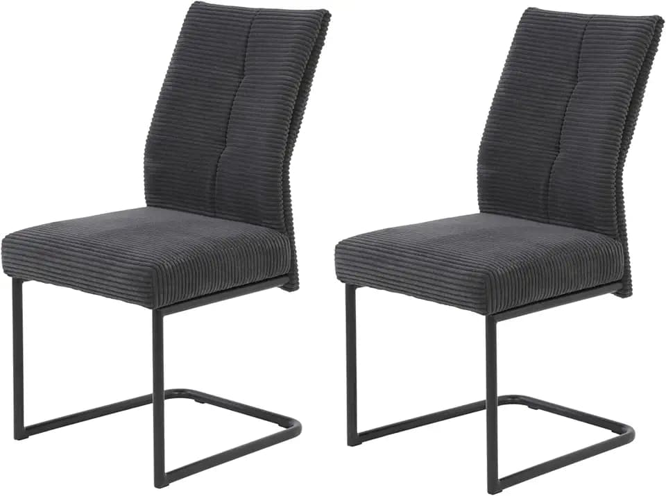 Hela Tische, 2er Set Esszimmerstuhl, Schwingstuhl Dagmar, XL Sitzbreite, Komfortsitz Federkorb, Cordstoff anthrazit, Metallgestell schwarz, 140kg belastbar